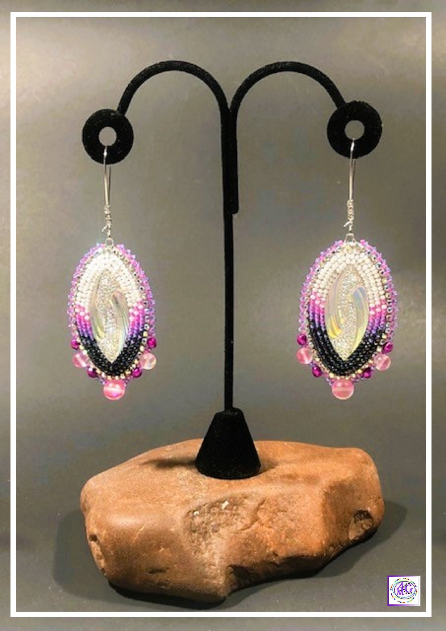 Pink Beaded Marquise Earrings