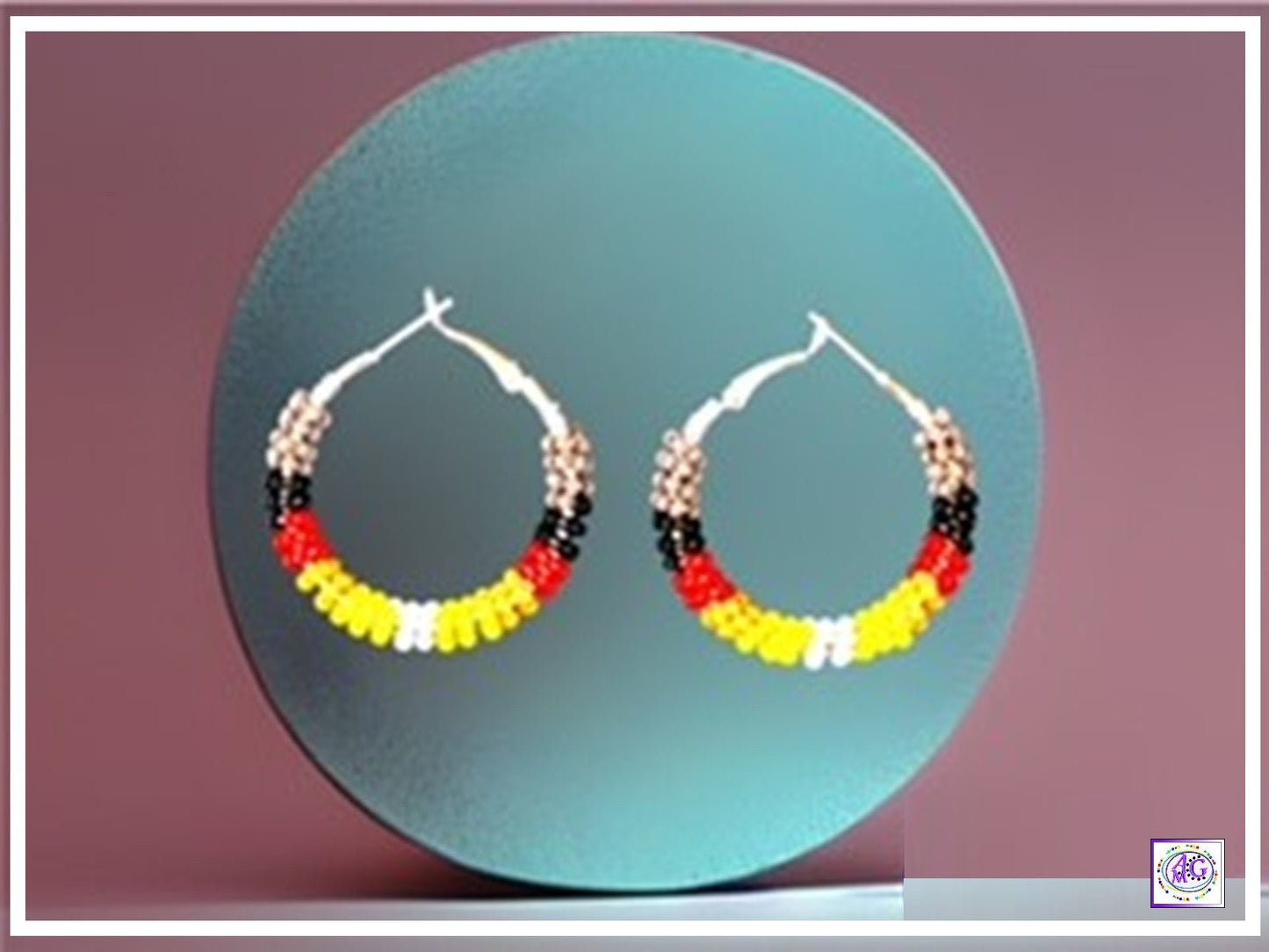 Grey Beaded Hoop Earrings 1 1/2"