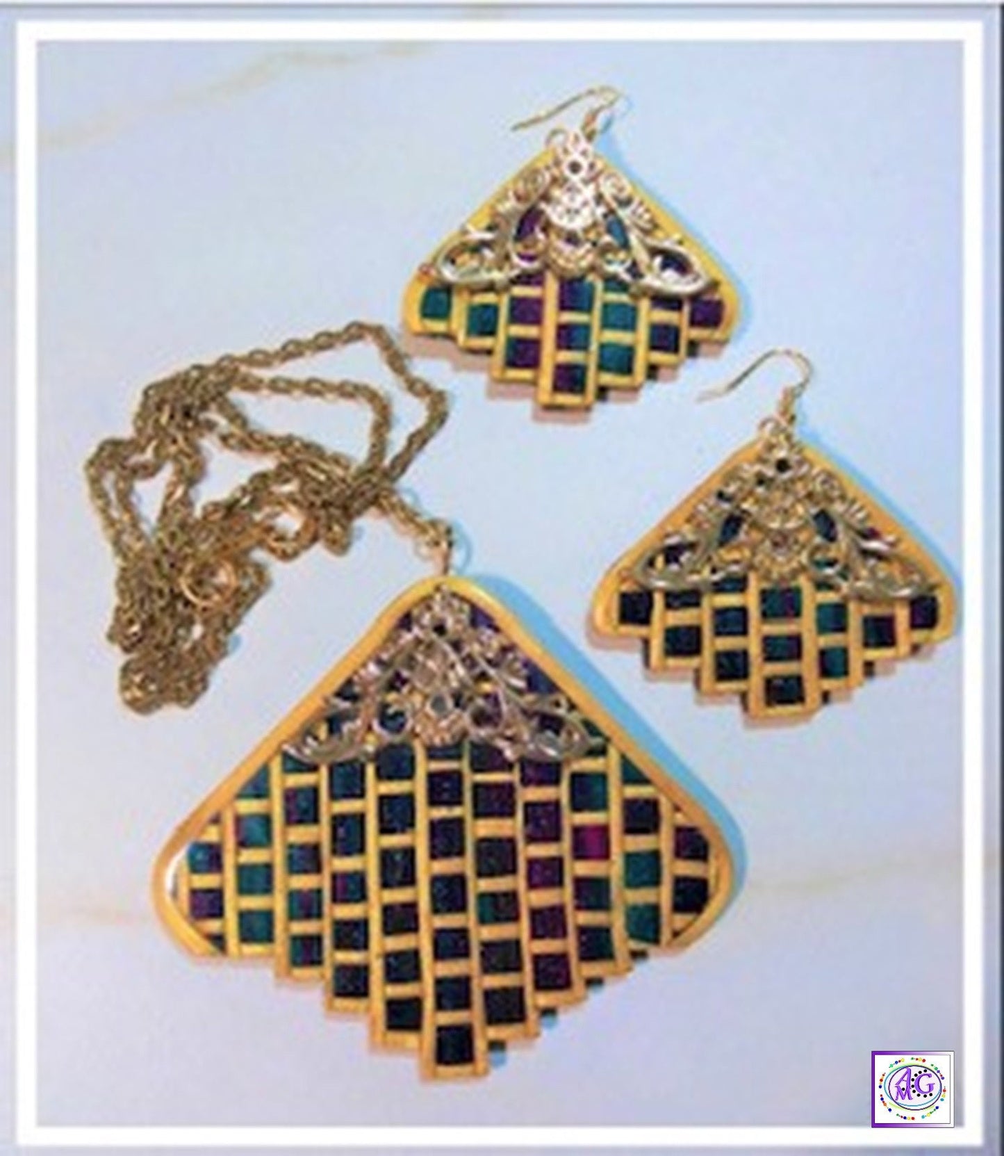 Bargello Necklace and Earrings Set in Multi Colors