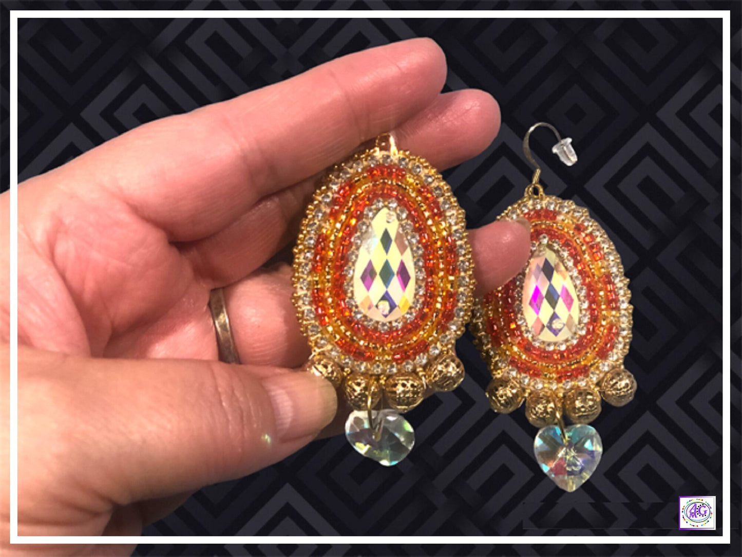 Ruby Red and Gold Beaded Earrings with Heart Charm