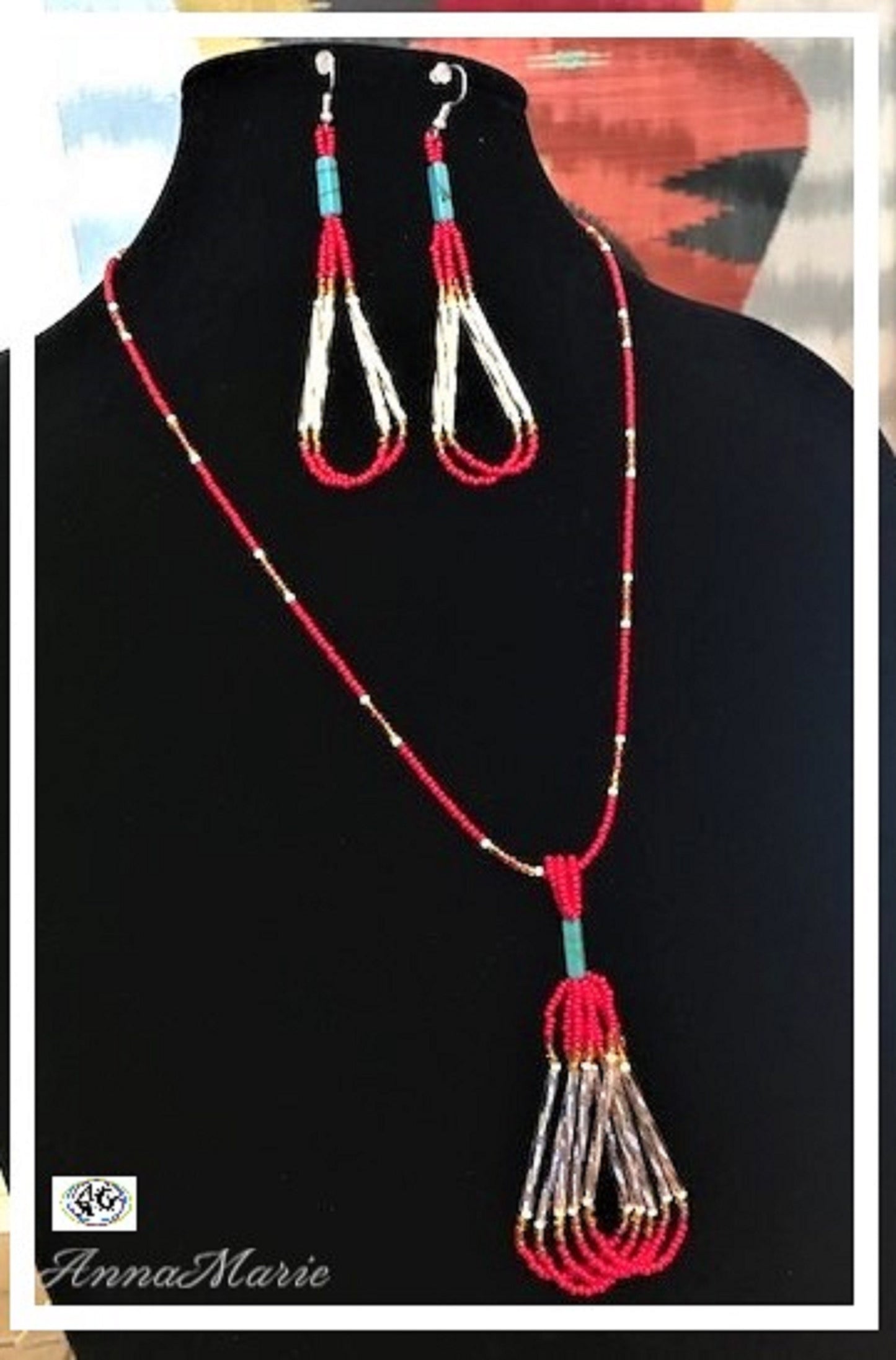 Tassel Bead Necklace Set with Rainbow and Red Seed Beads