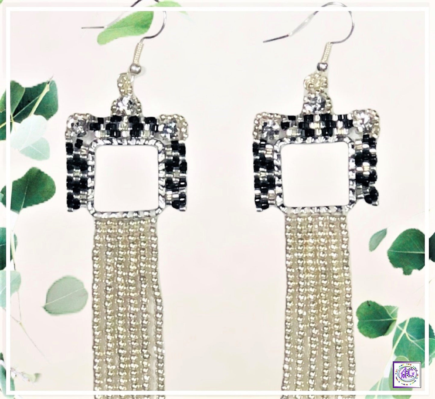 Silver and Black Beaded Rhinestone Fringe Earrings