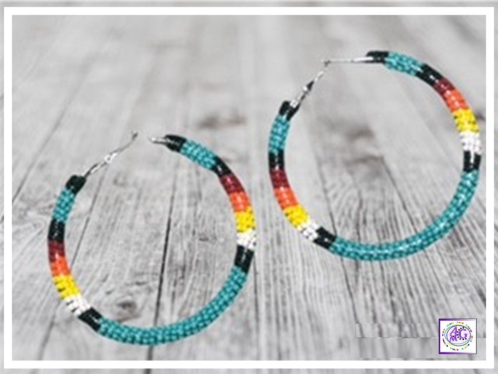 Large Multi Color Beaded Hoop Earrings 2 1/2"