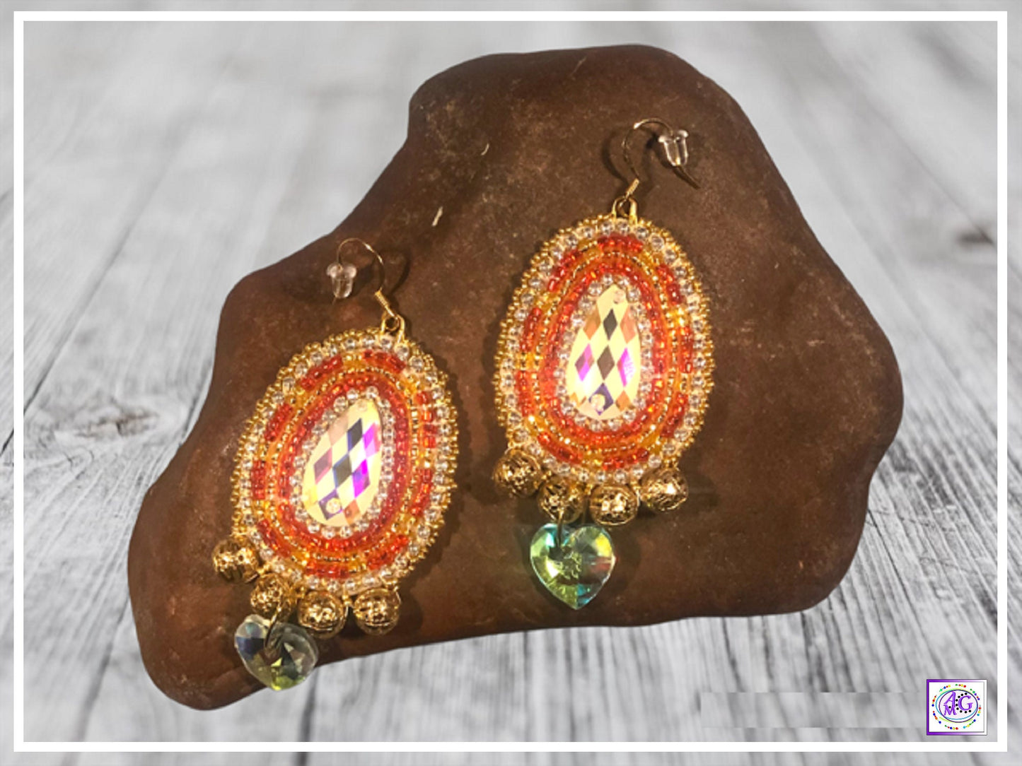 Ruby Red and Gold Beaded Earrings with Heart Charm