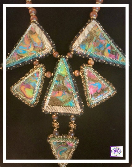 Triangle Necklace with Polymer Clay and Wood Beads