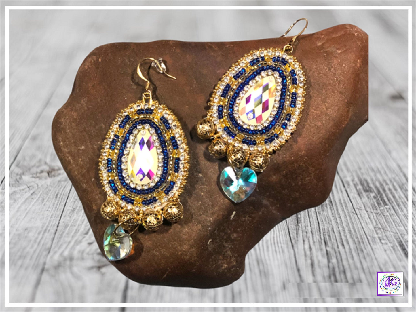 Sapphire Blue and Gold Beaded Earrings with Heart Charm