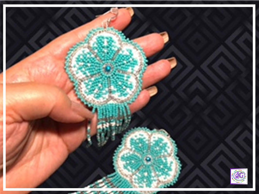 Teal Beaded Blooming Flower Fringe Earrings
