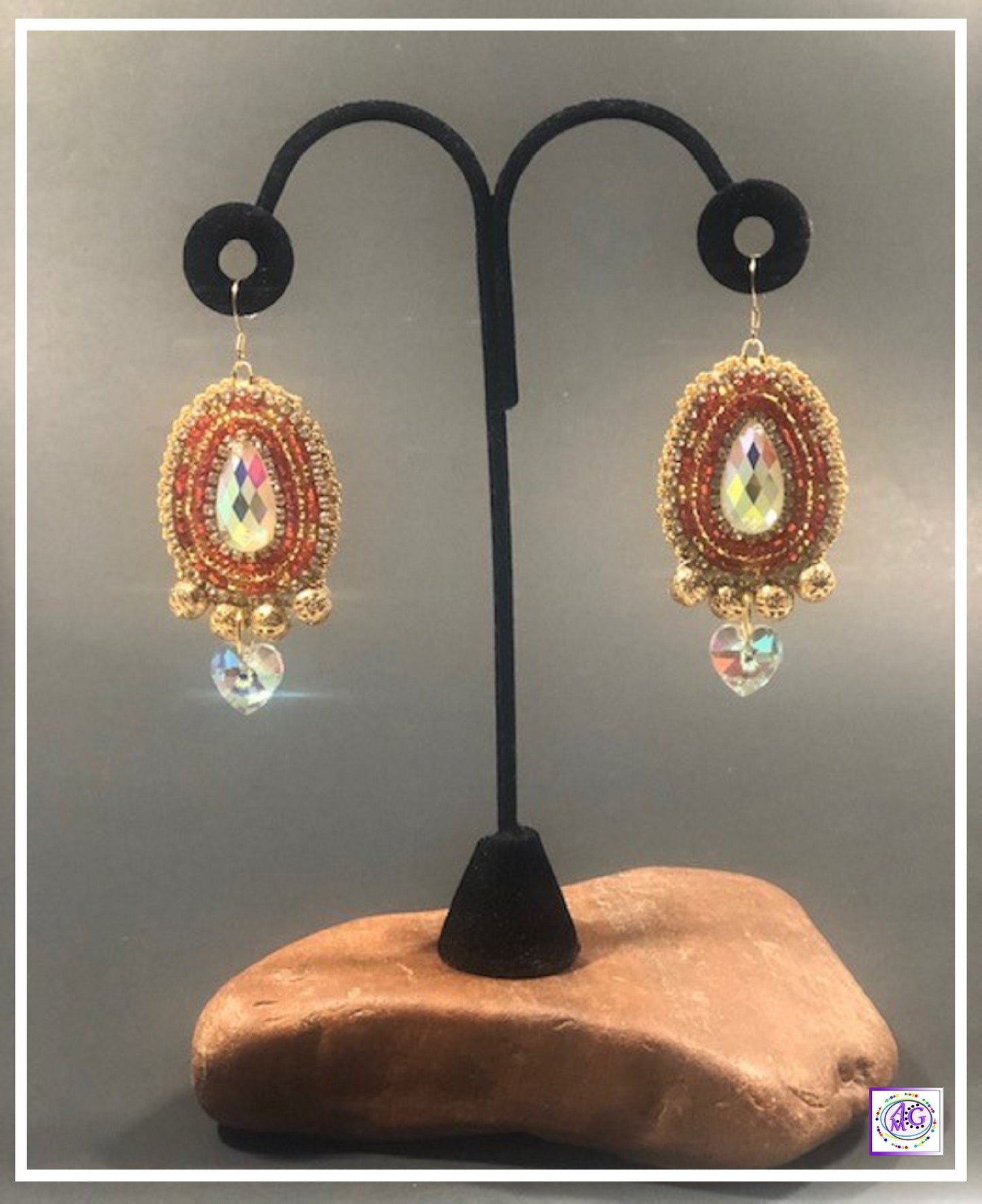 Ruby Red and Gold Beaded Earrings with Heart Charm