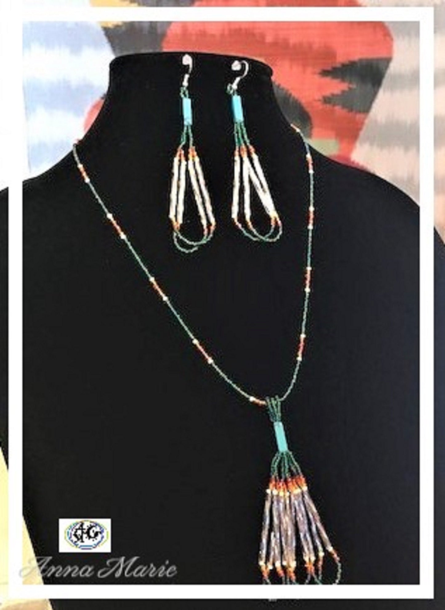 Tassel Bead Necklace Set with Rainbow and Green Seed Beads