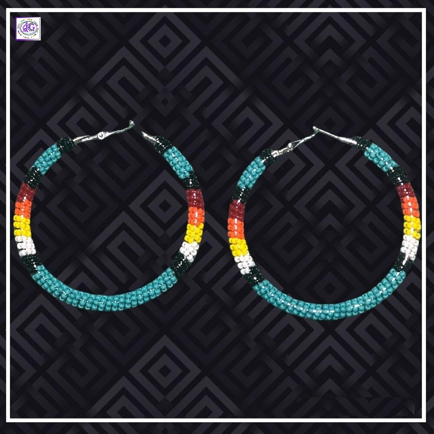 Large Multi Color Beaded Hoop Earrings 2 1/2"