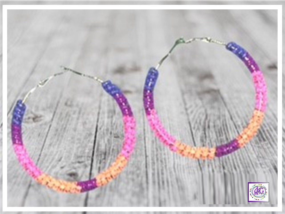 Luminous Neon Beaded Hoop Earrings 2"