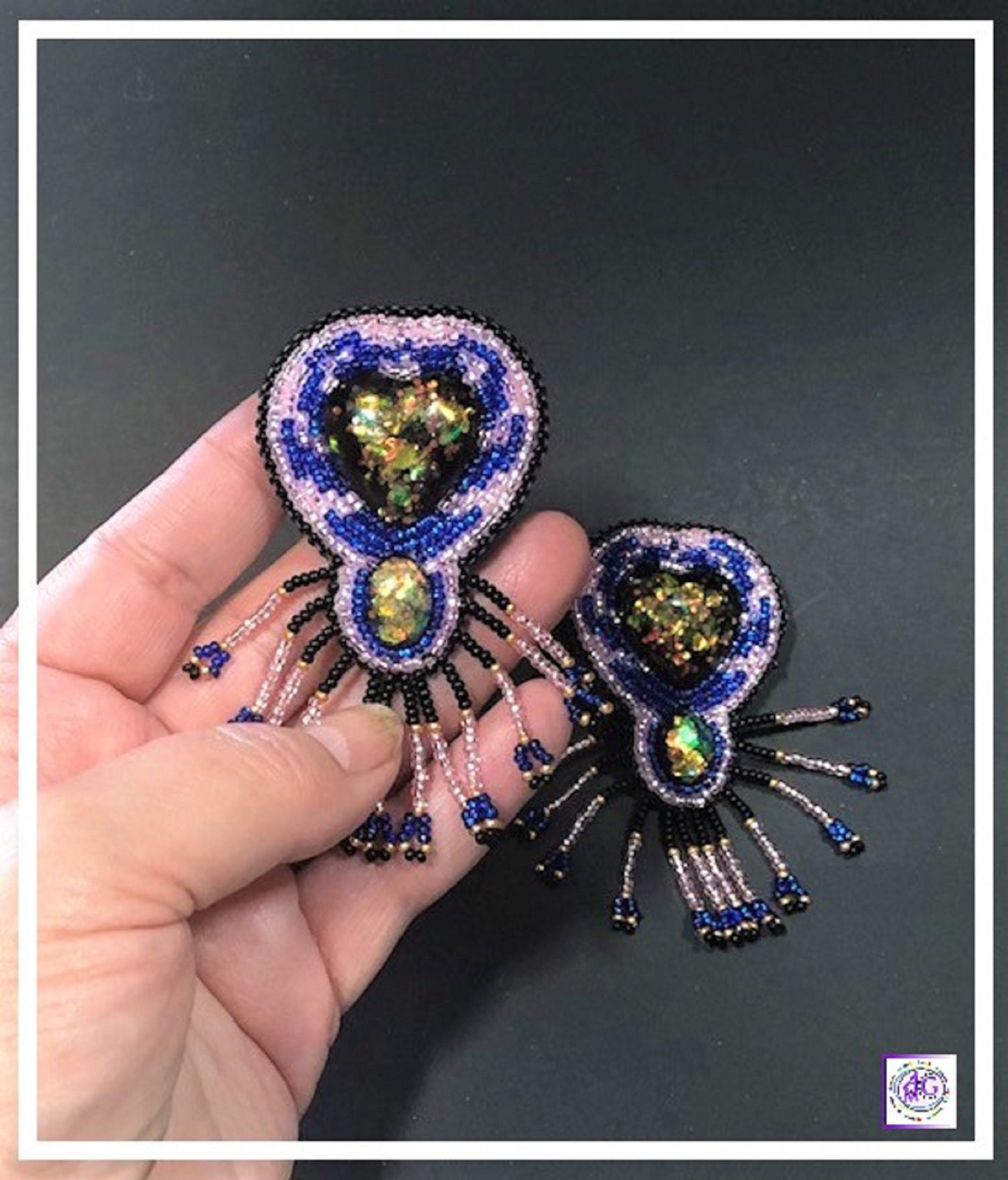 Beaded Fringe Earrings with Resin Heart 3"