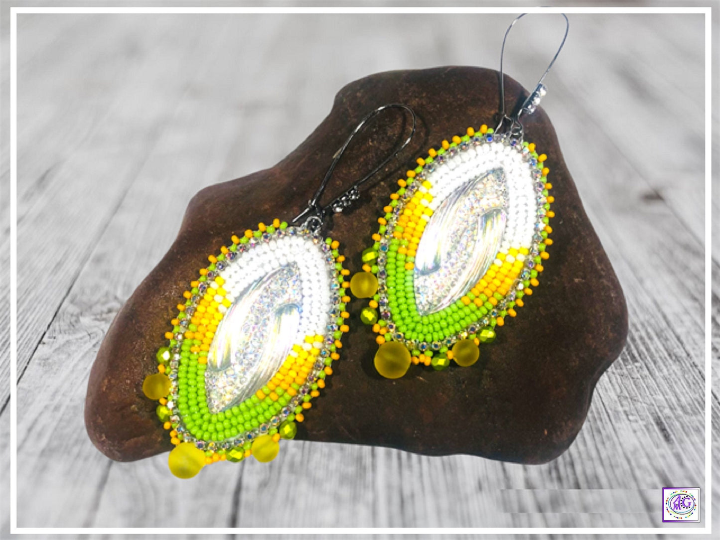 Beaded Earrings, Yellow Beaded Marquise Earrings