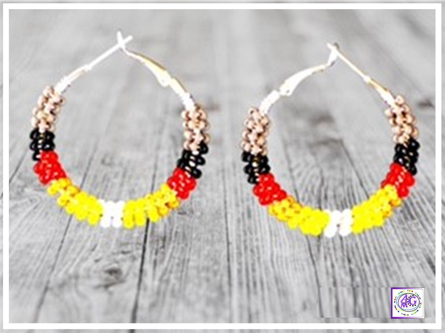 Grey Beaded Hoop Earrings 1 1/2"