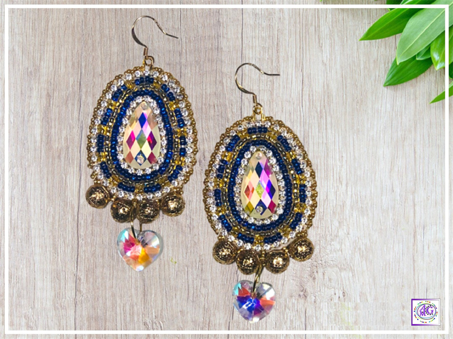 Sapphire Blue and Gold Beaded Earrings with Heart Charm