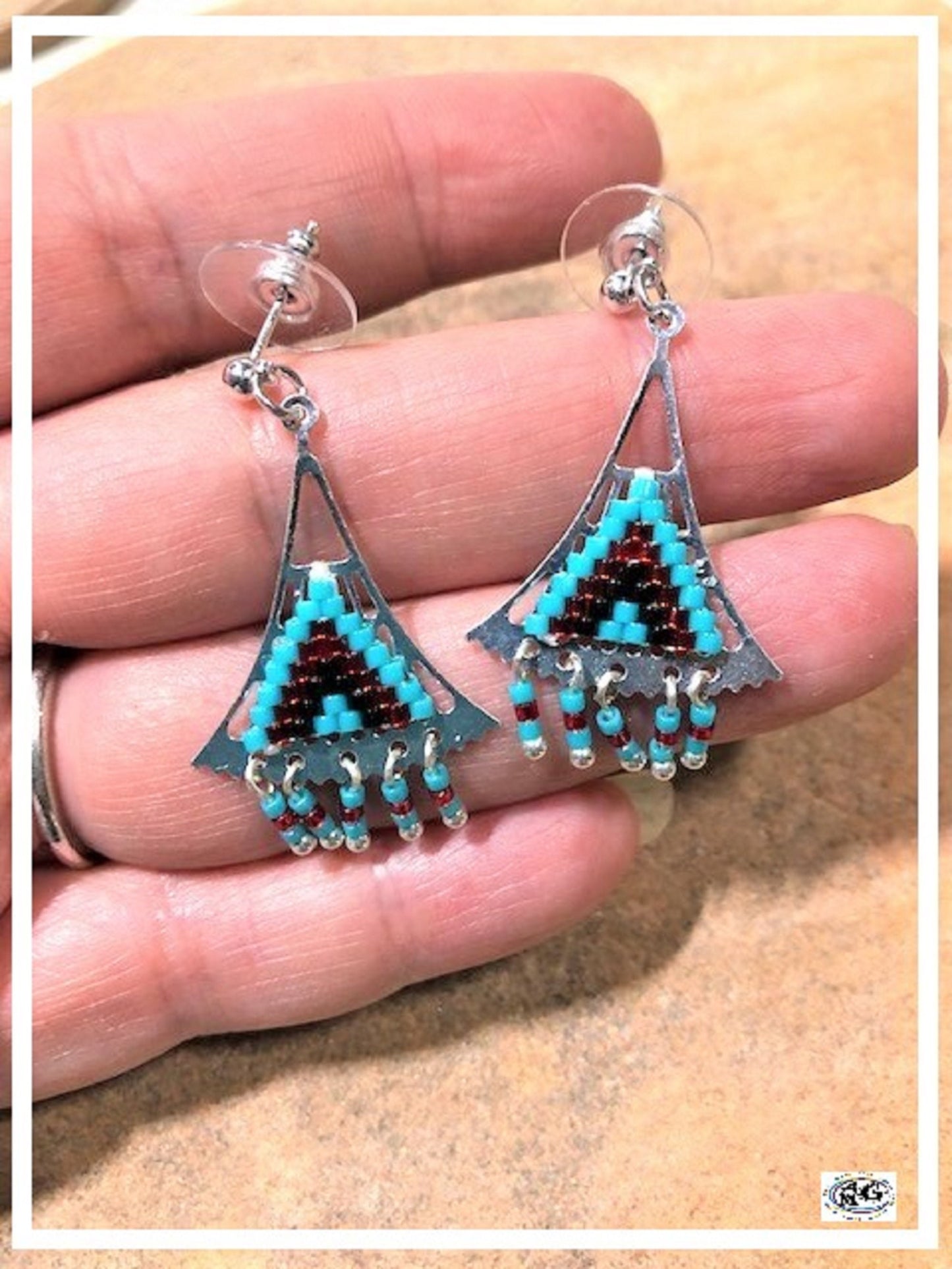 Red Silver Beaded Triangle Earrings