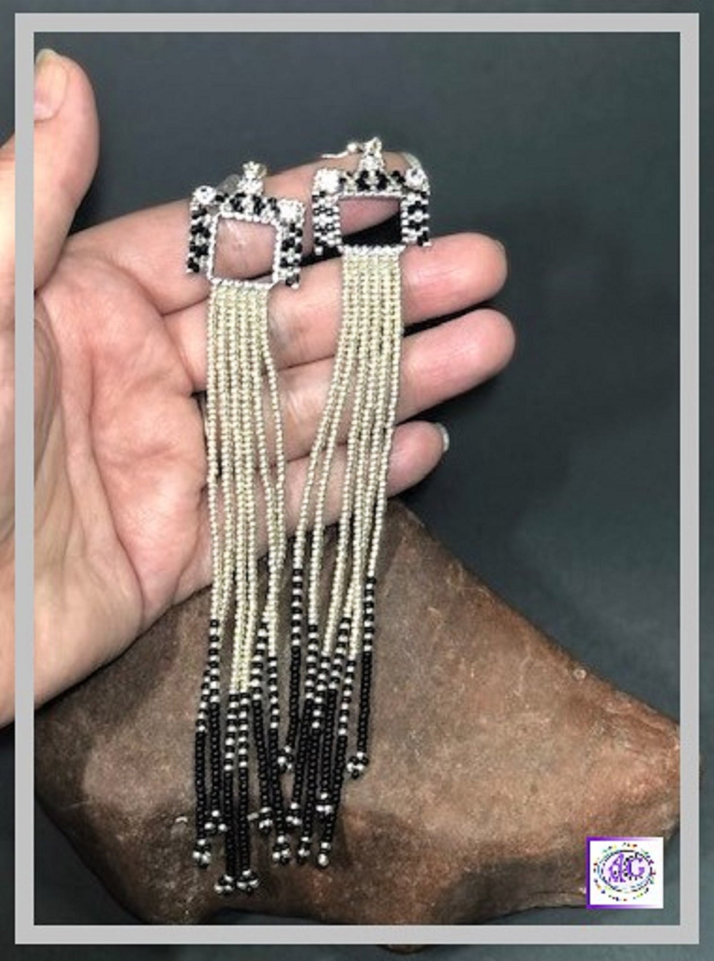 Silver and Black Beaded Rhinestone Fringe Earrings