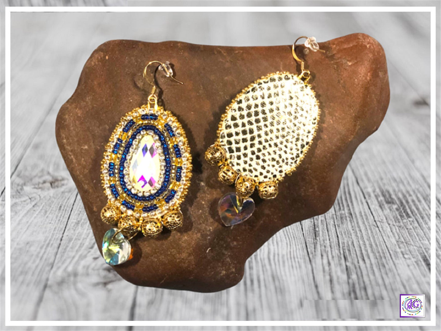 Sapphire Blue and Gold Beaded Earrings with Heart Charm