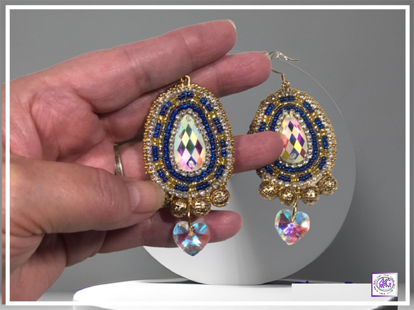 Sapphire Blue and Gold Beaded Earrings with Heart Charm