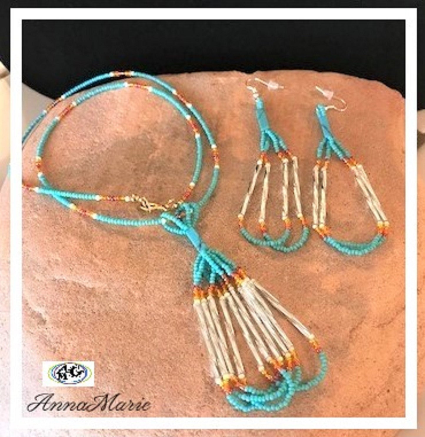 Tassel Bead Necklace Set with Rainbow and Turquoise Seed Beads