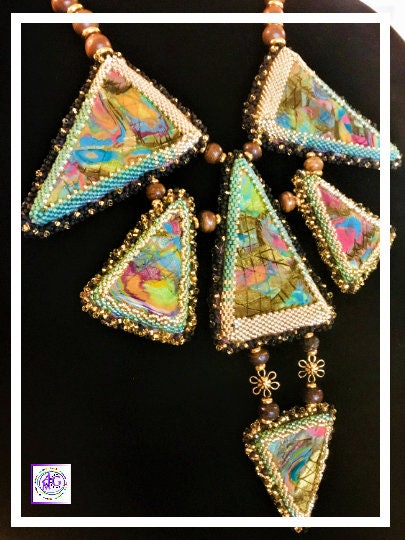 Triangle Necklace with Polymer Clay and Wood Beads