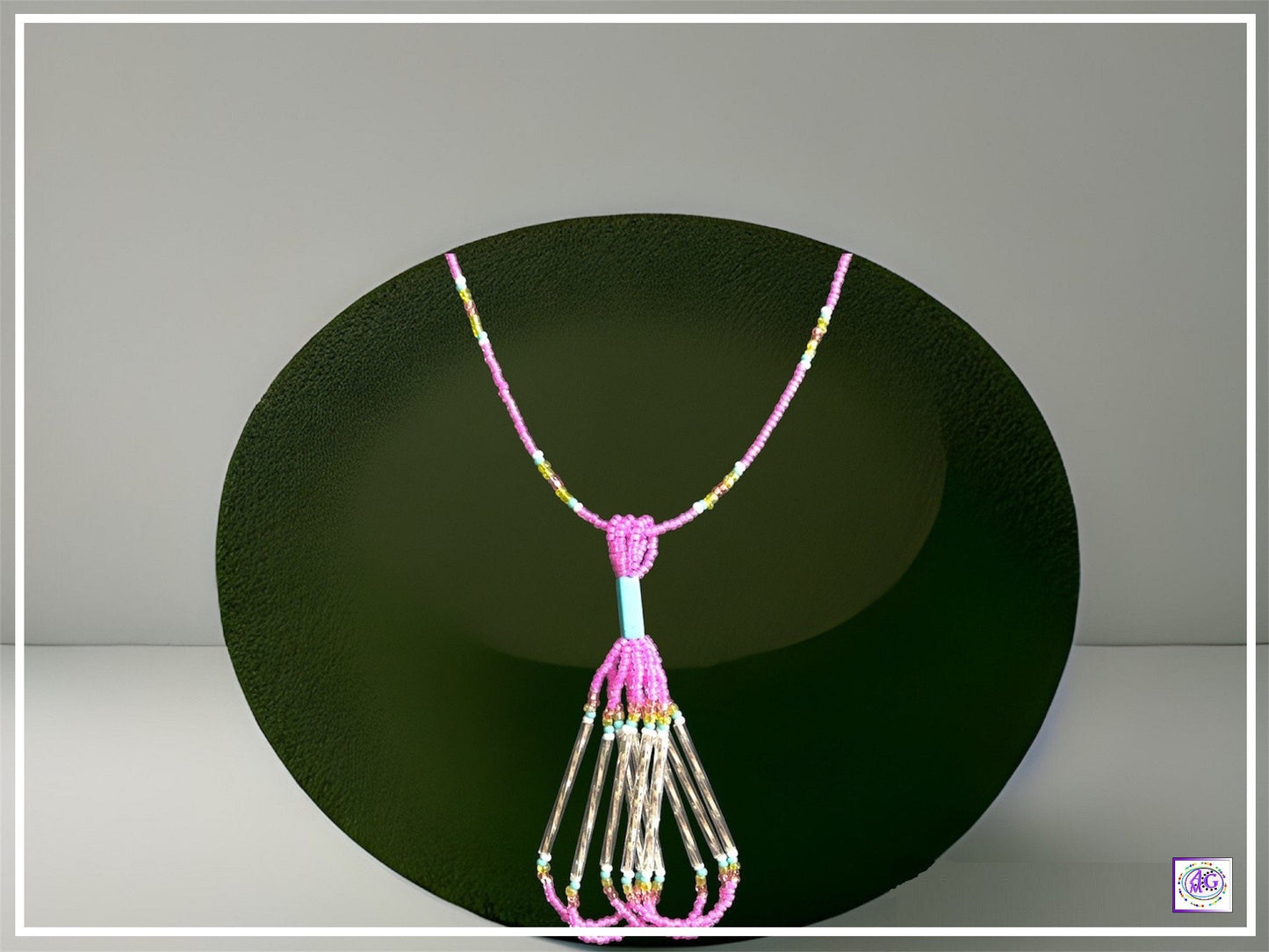 Tassel Beaded Necklace Set Rainbow and Pink Seed Beads