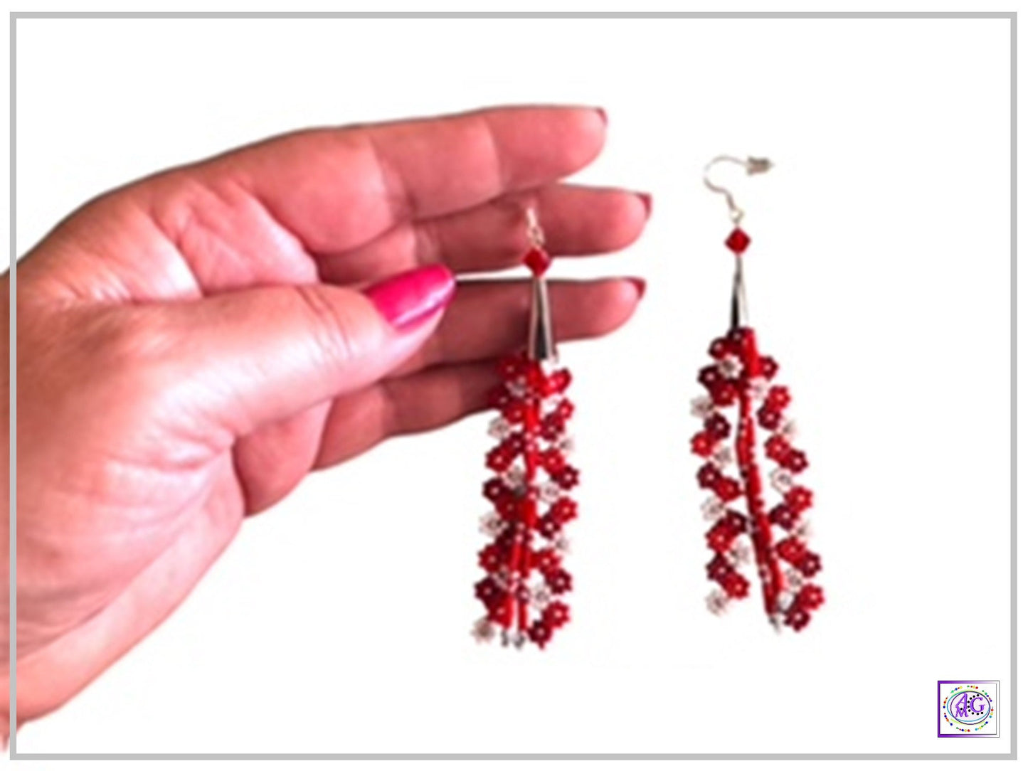 Red Beaded Daisy Flower Earrings