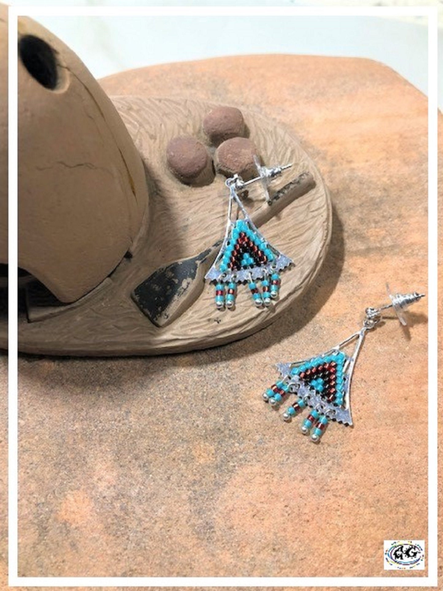 Red Silver Beaded Triangle Earrings