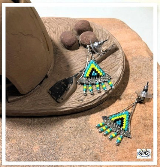 Silver Yellow Beaded Triangle Earrings