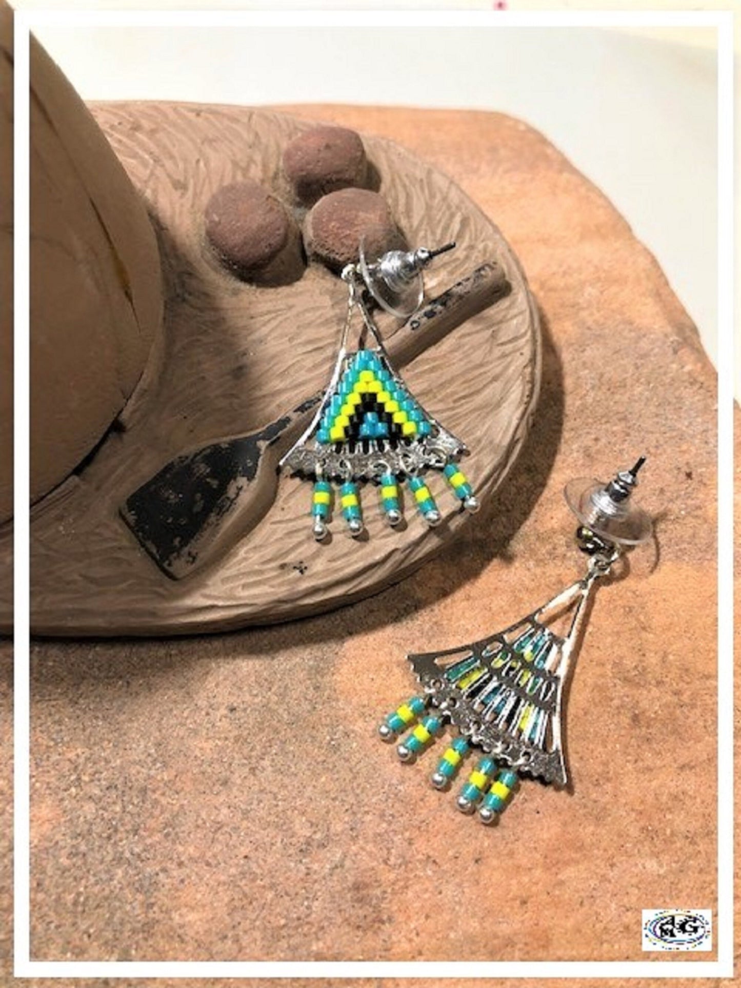 Silver Yellow Beaded Triangle Earrings