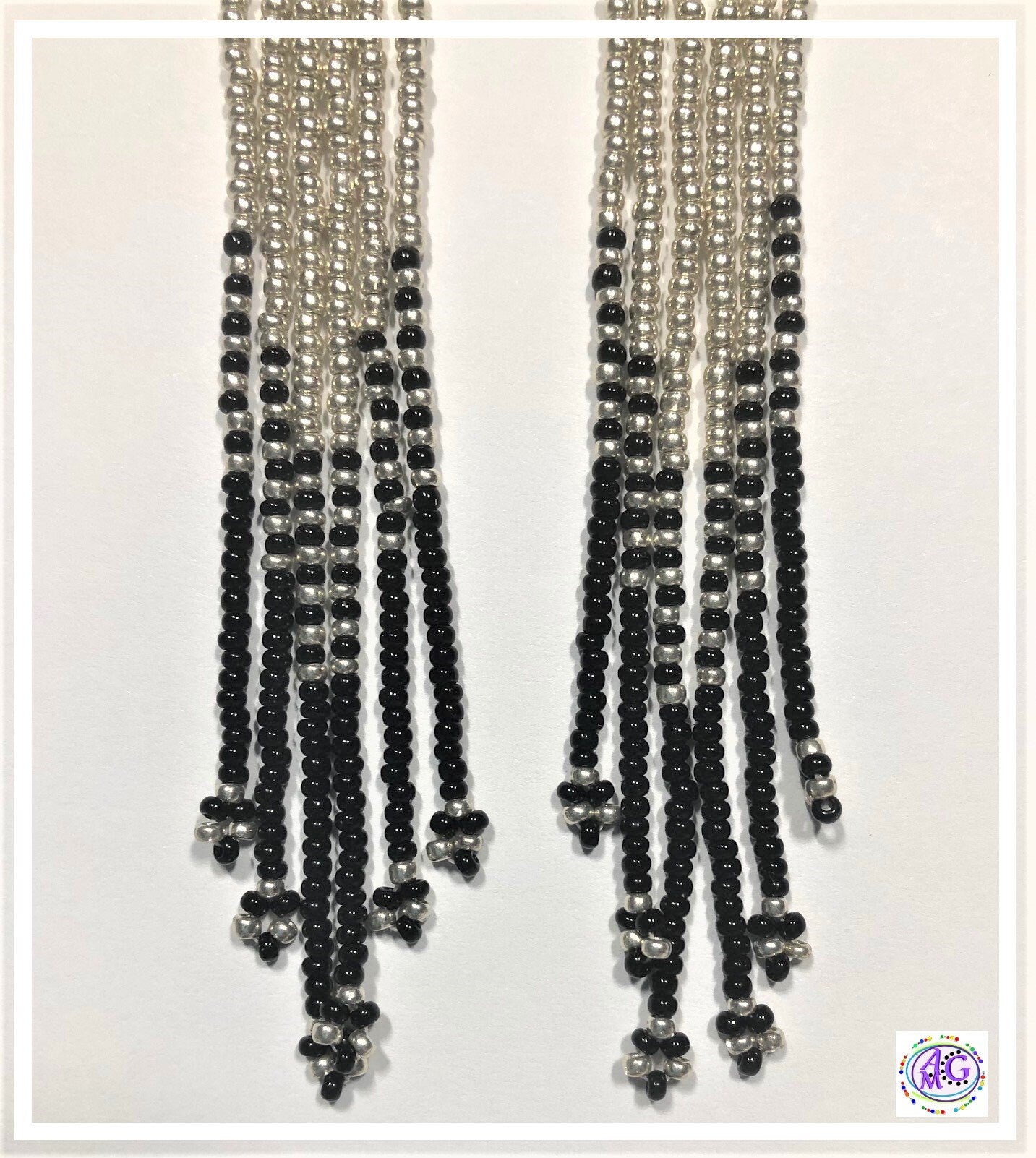 Silver and Black Beaded Rhinestone Fringe Earrings