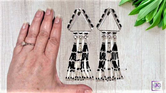 Black and Silver Beaded Fringe Earrings with Rhinestones