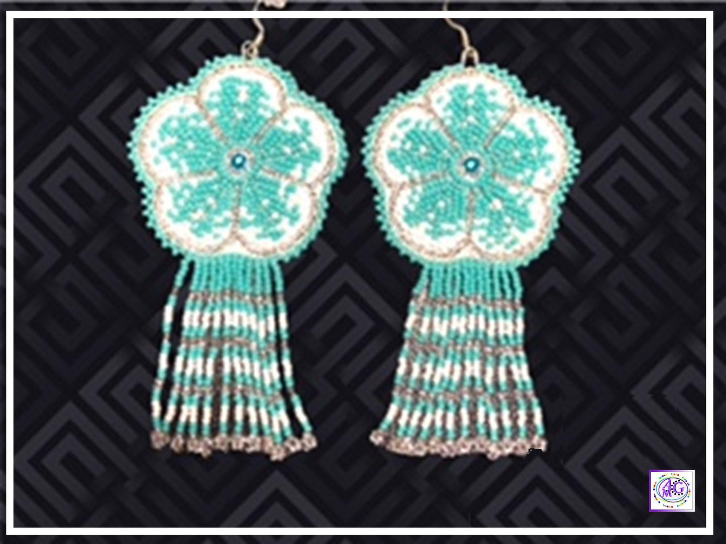 Teal Beaded Blooming Flower Fringe Earrings