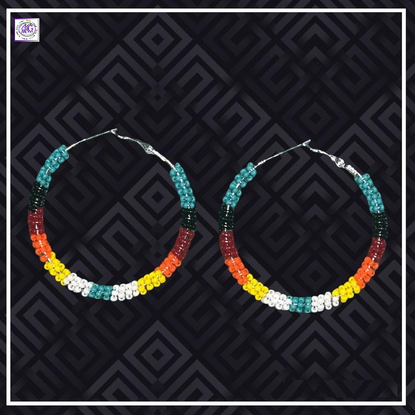 Multi Color Beaded Hoop Earrings 2"