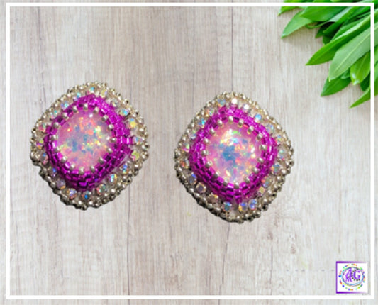 Fuchsia Beaded Rhinestone Stud Earrings