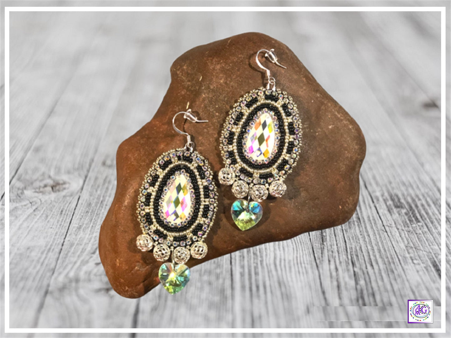 Black and Silver Beaded Earrings with Heart Charm