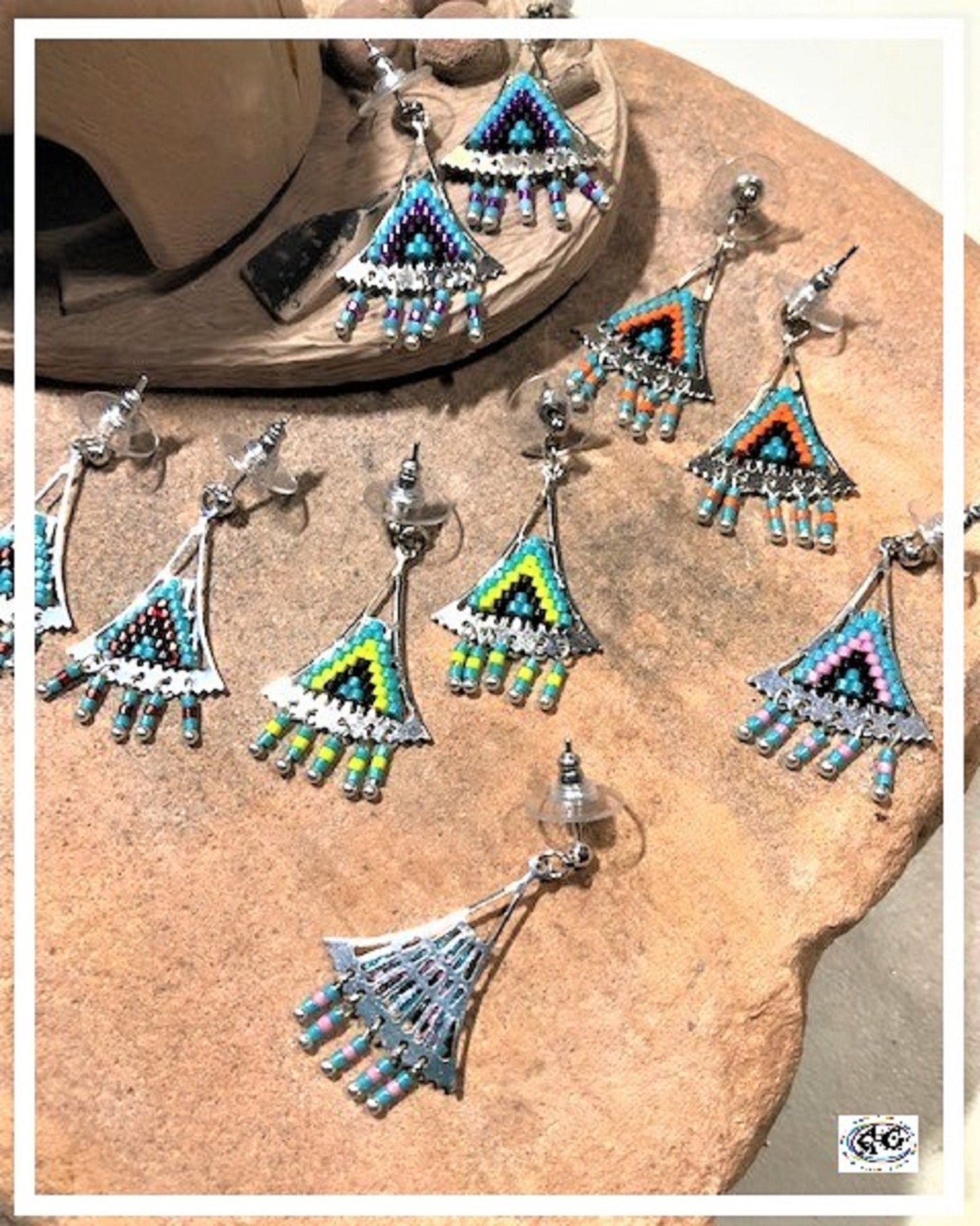 Silver Yellow Beaded Triangle Earrings