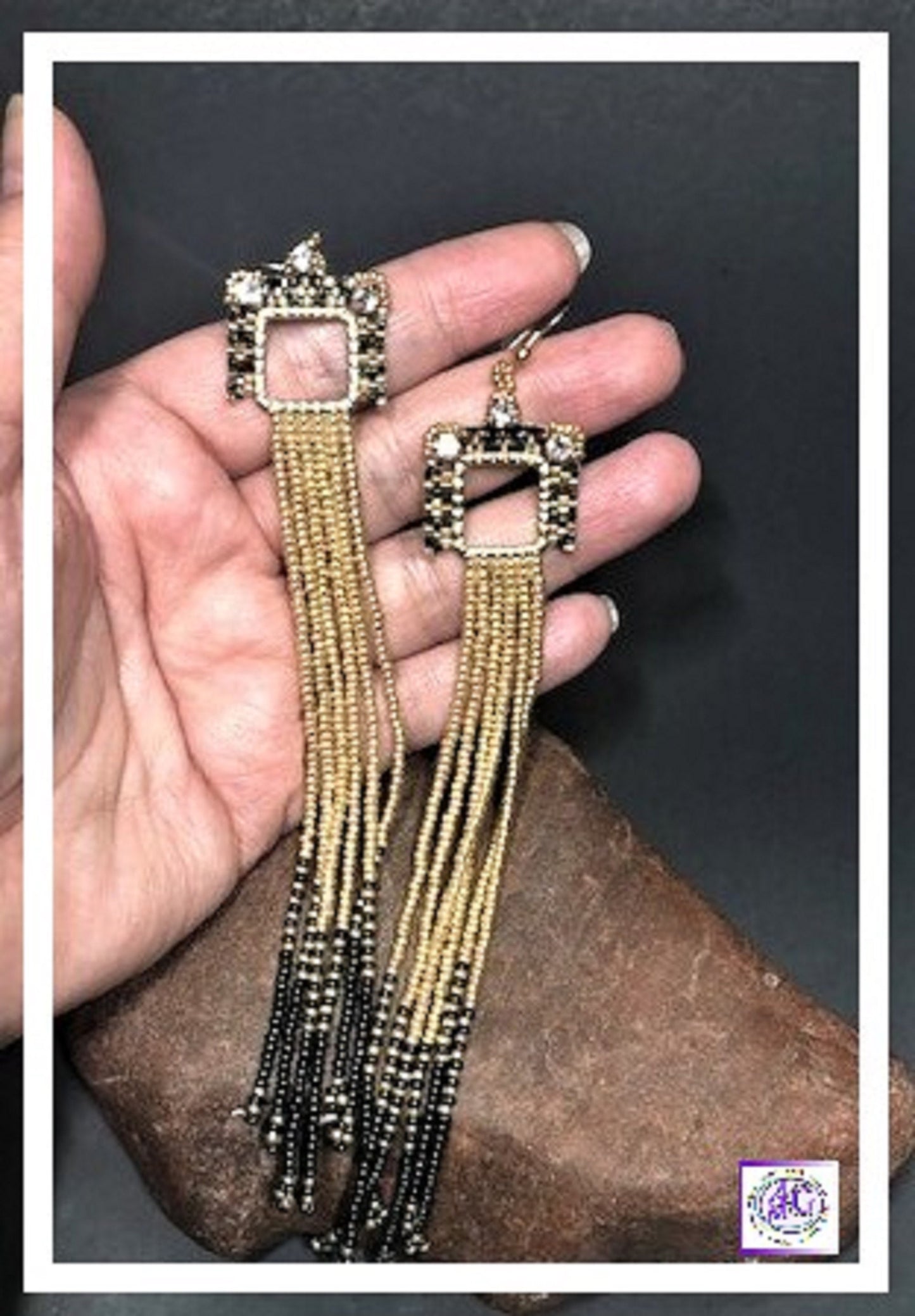 Gold and Black Beaded Rhinestone Fringe Earrings