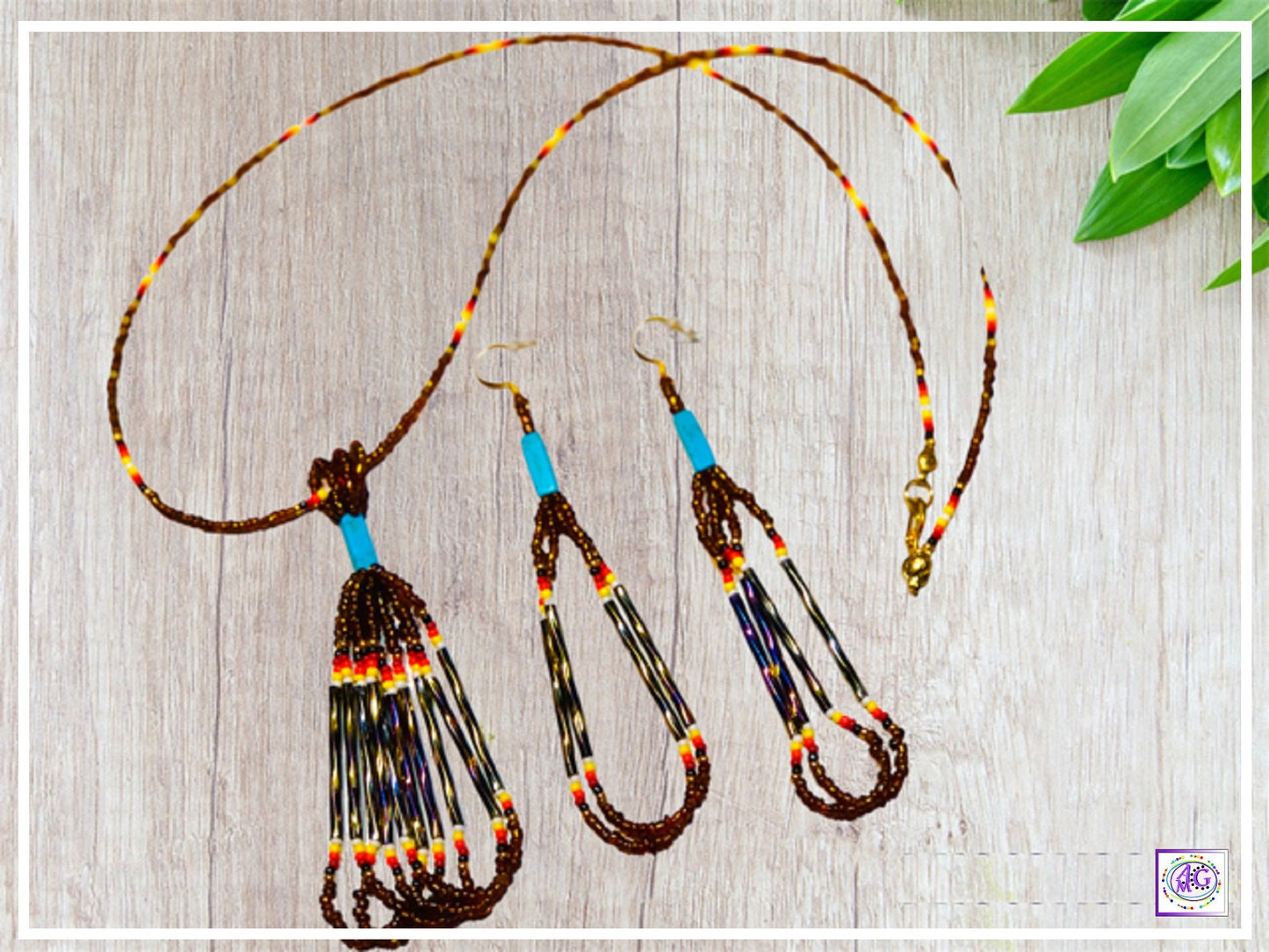 Tassel Bead Necklace Set with Rainbow and Brown Seed Beads