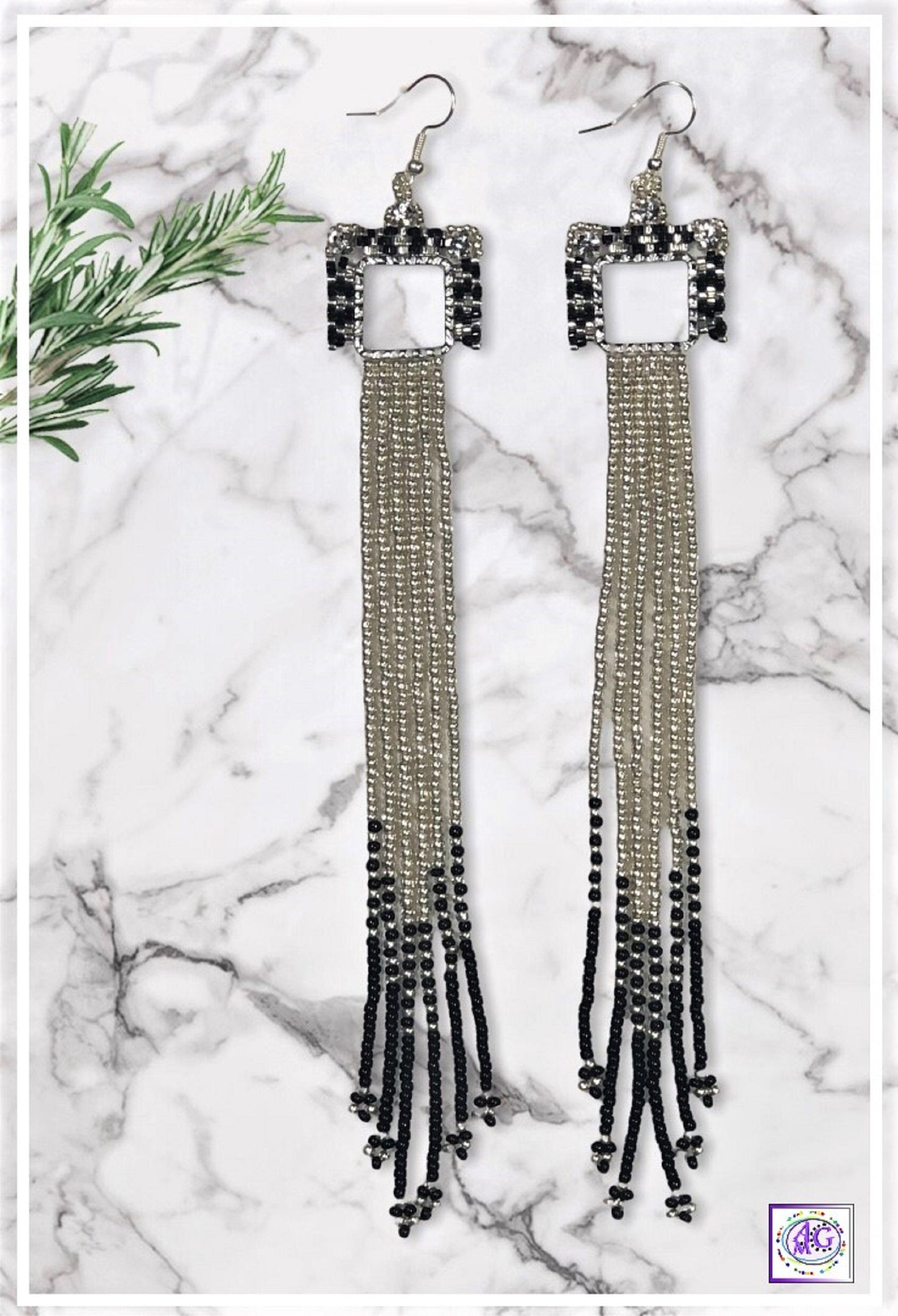 Silver and Black Beaded Rhinestone Fringe Earrings