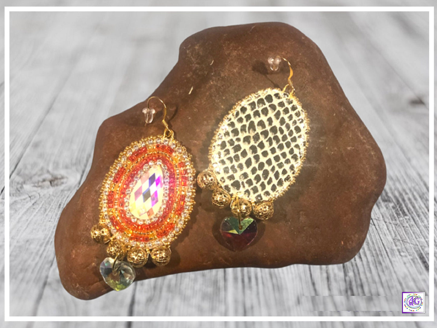 Ruby Red and Gold Beaded Earrings with Heart Charm