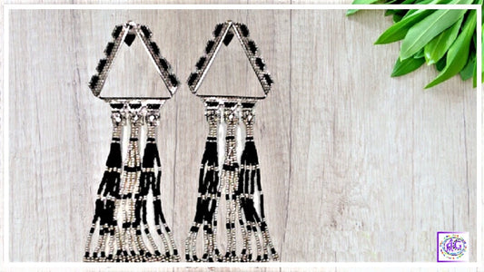 Black and Silver Beaded Fringe Earrings with Rhinestones