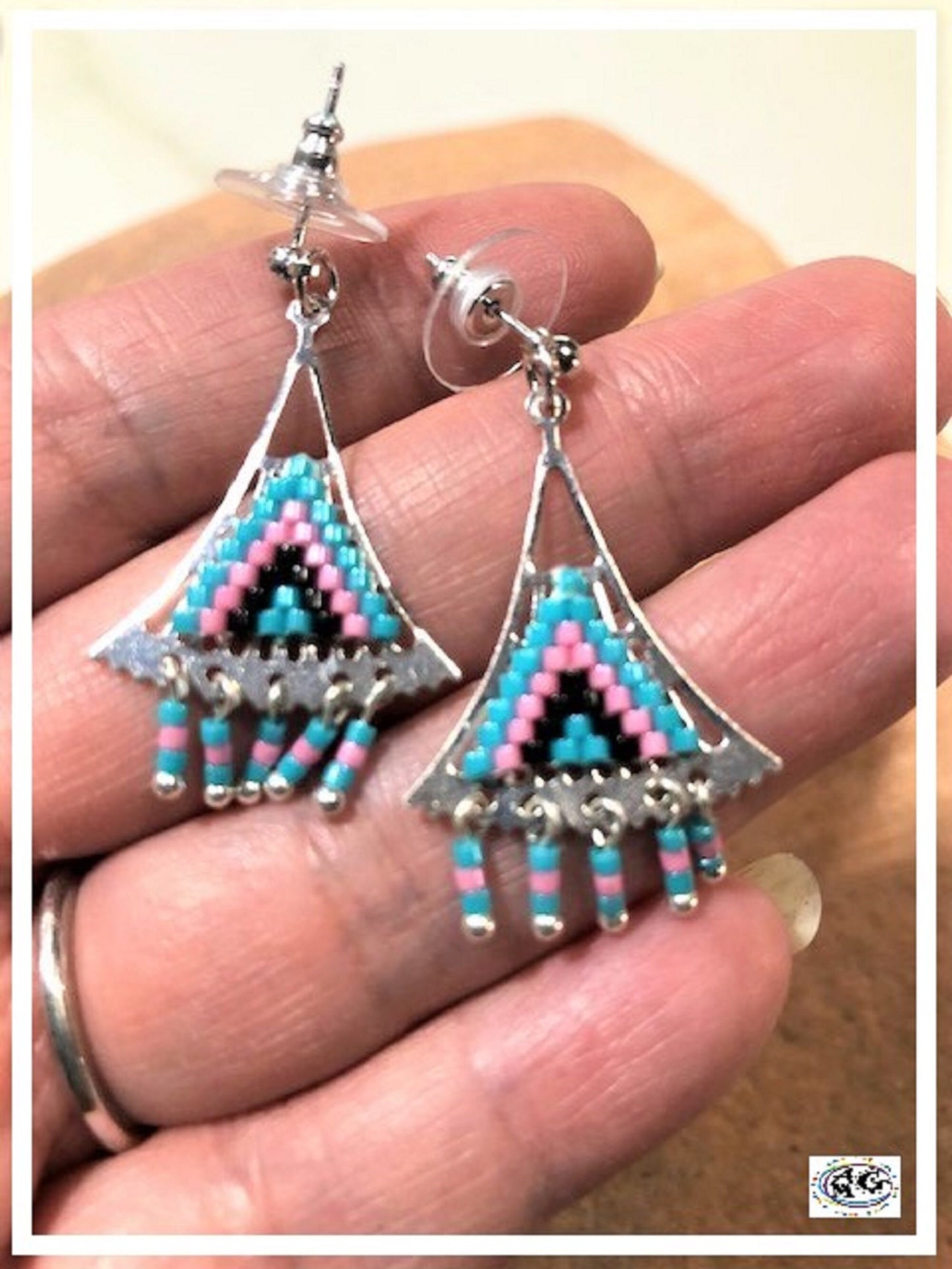 Pink Silver Beaded Triangle Earrings