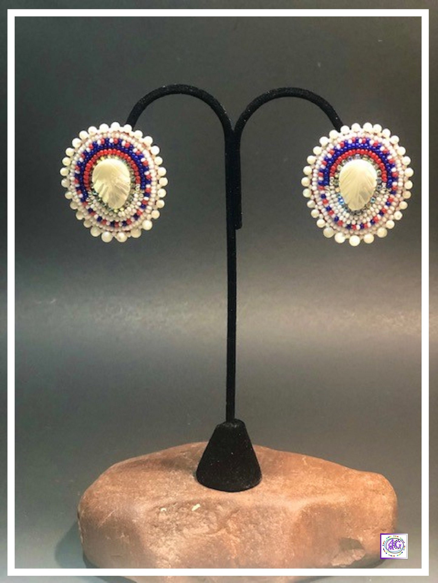 Mother of Pearl Leaf Beaded Earrings with Rhinestones, Red, White and Blue, Beaded Earrings