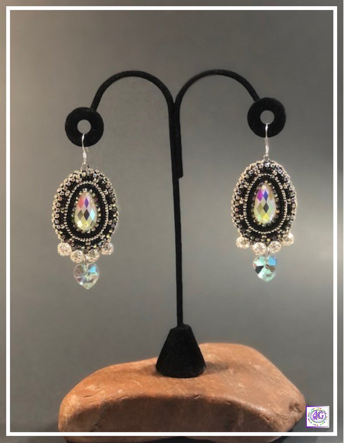 Black and Silver Beaded Earrings with Heart Charm