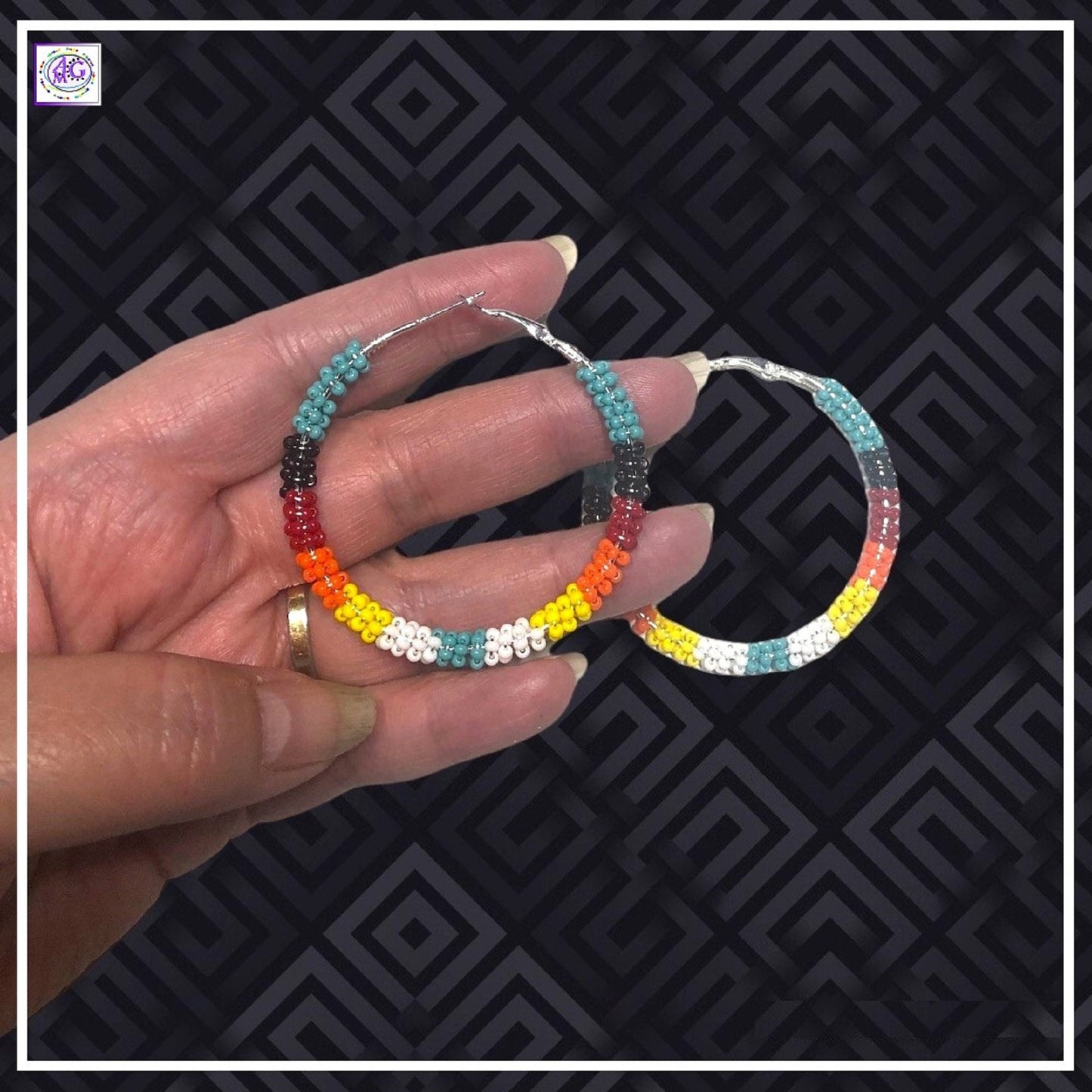Multi Color Beaded Hoop Earrings 2"