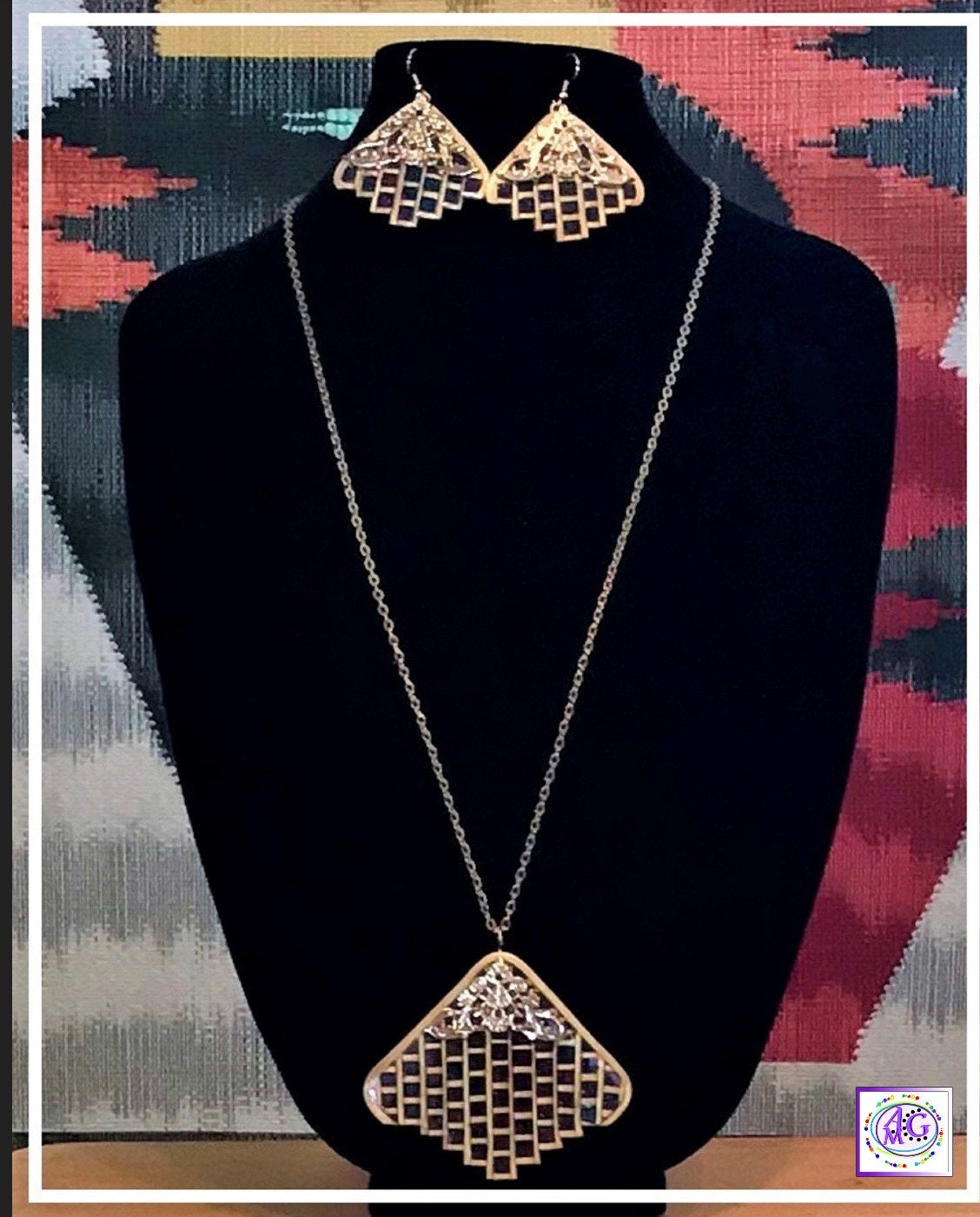 Bargello Necklace and Earrings Set in Multi Colors
