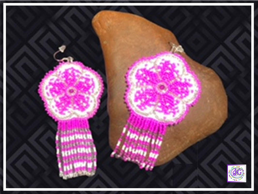Pink Beaded Blooming Flower Fringe Earrings