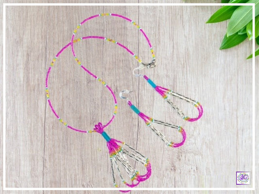 Tassel Beaded Necklace Set Rainbow and Pink Seed Beads