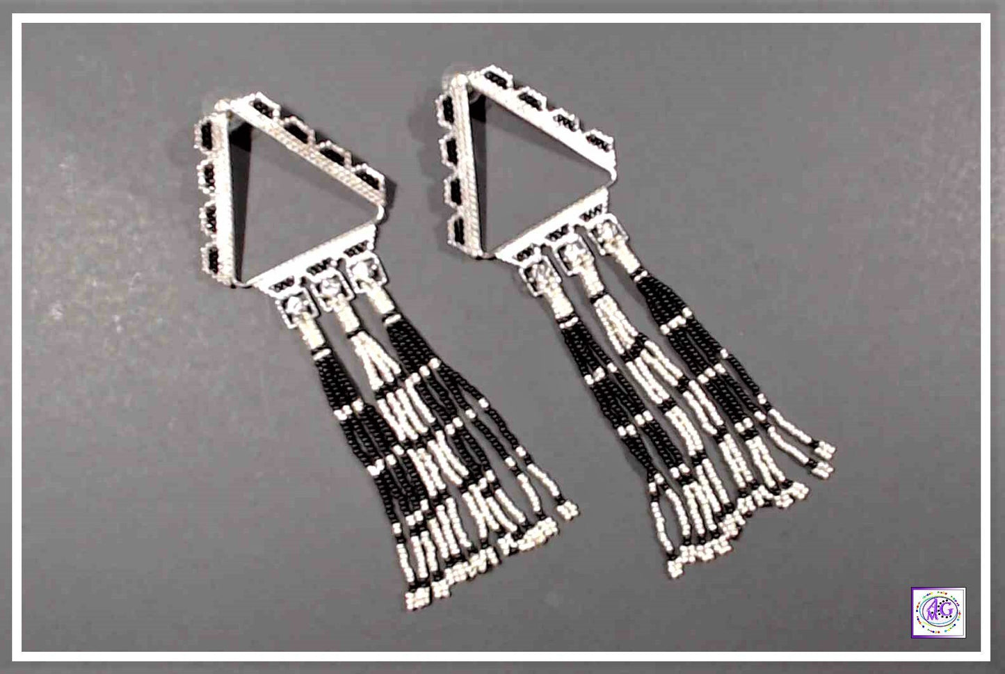 Black and Silver Beaded Fringe Earrings with Rhinestones